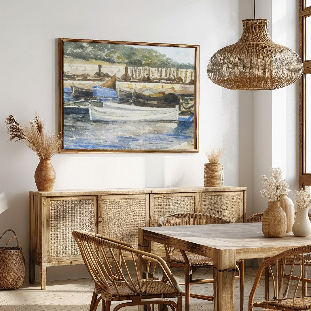 Capture the serene beauty of a quiet harbor with this exquisite watercolor artwork. The gentle for Dining