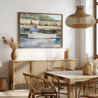 Capture the serene beauty of a quiet harbor with this exquisite watercolor artwork. The gentle for Dining