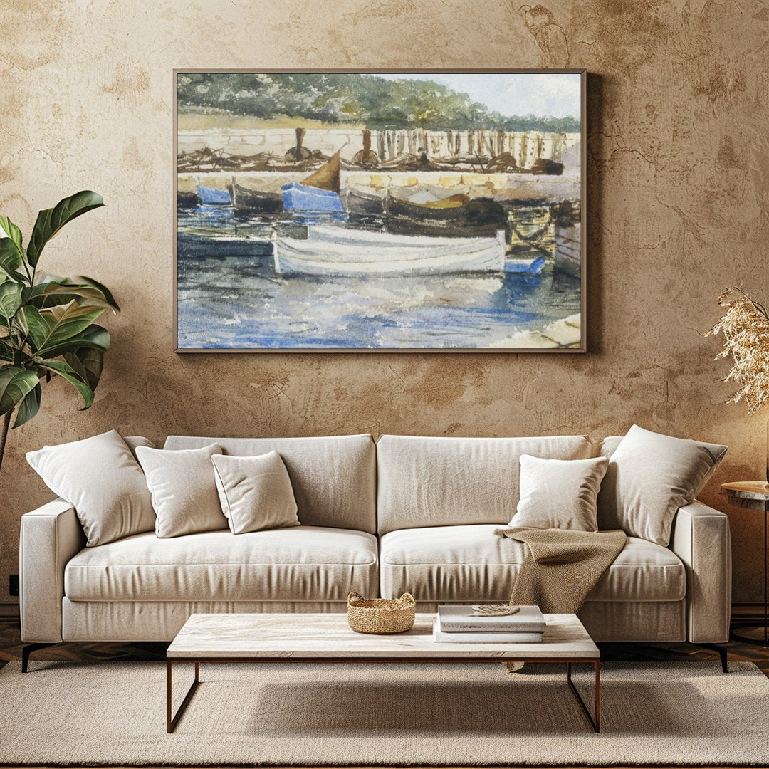 Capture the serene beauty of a quiet harbor with this exquisite watercolor artwork. The gentle for Family Room