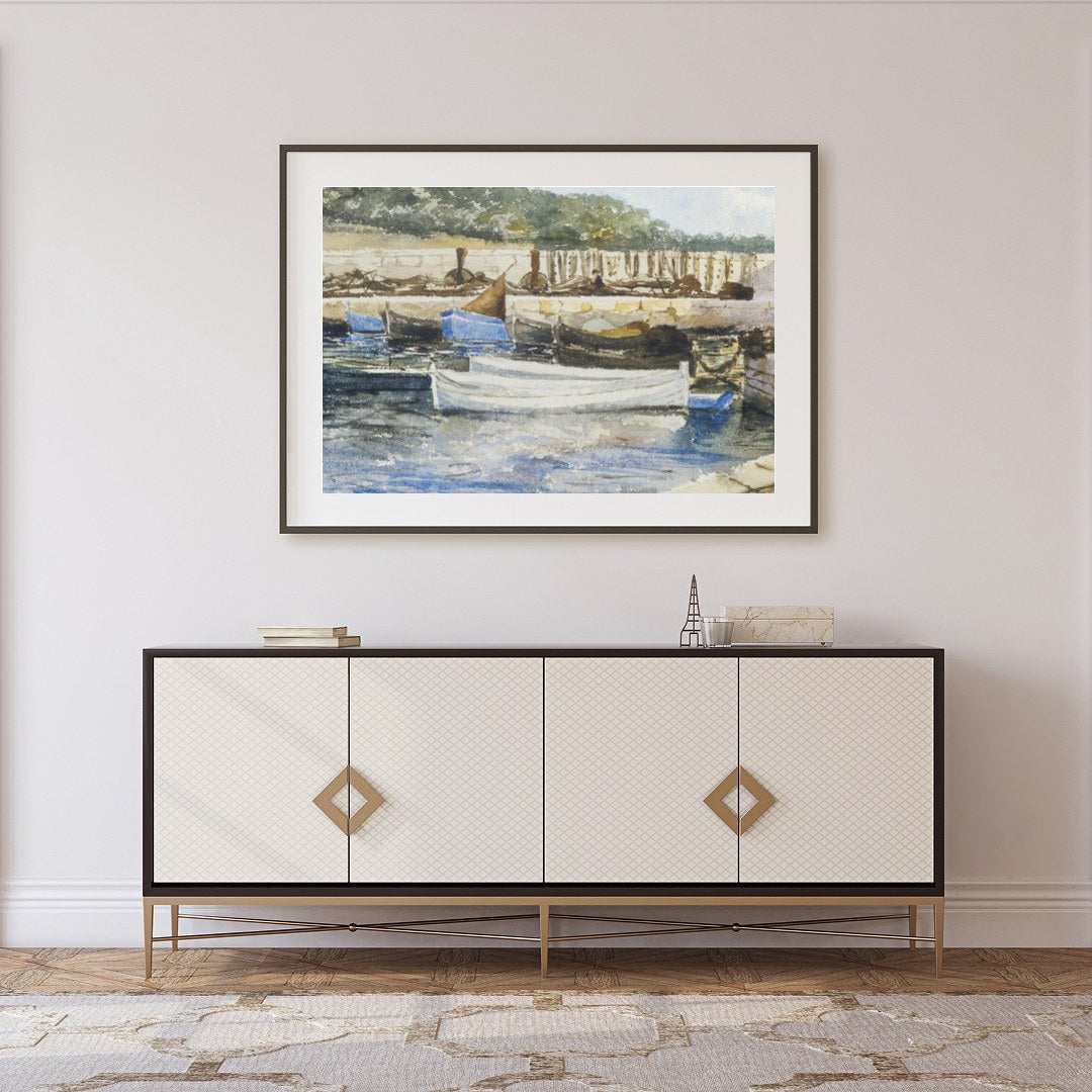 Capture the serene beauty of a quiet harbor with this exquisite watercolor artwork. The gentle for Foyer