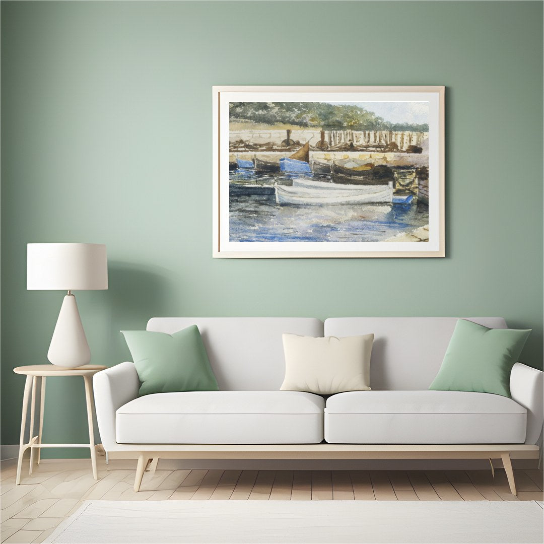 Capture the serene beauty of a quiet harbor with this exquisite watercolor artwork. The gentle for Hall
