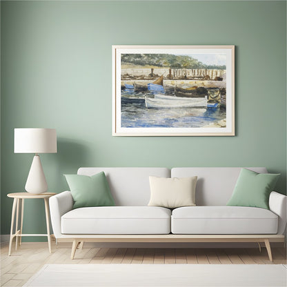 Capture the serene beauty of a quiet harbor with this exquisite watercolor artwork. The gentle for Hall