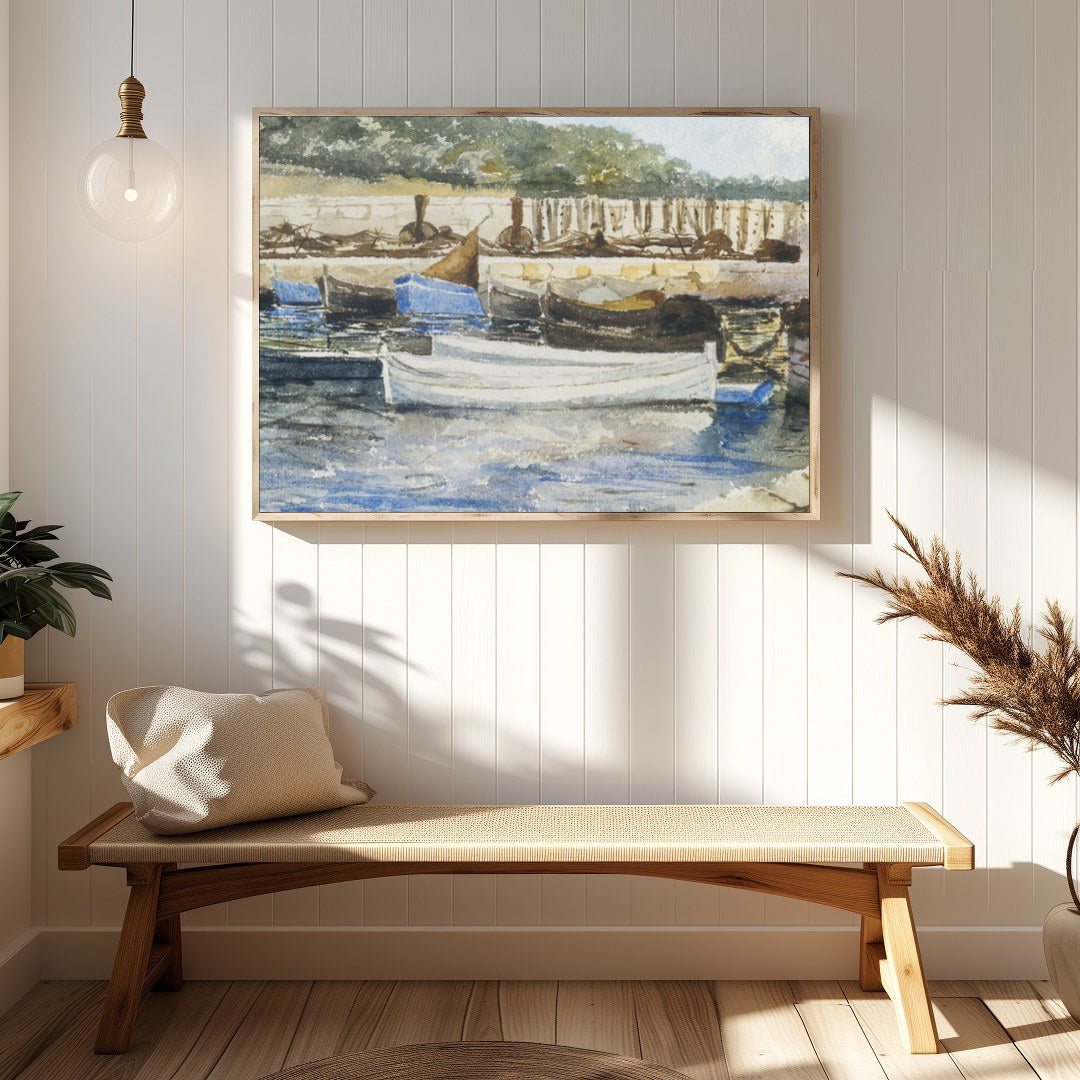 Capture the serene beauty of a quiet harbor with this exquisite watercolor artwork. The gentle for Hallway