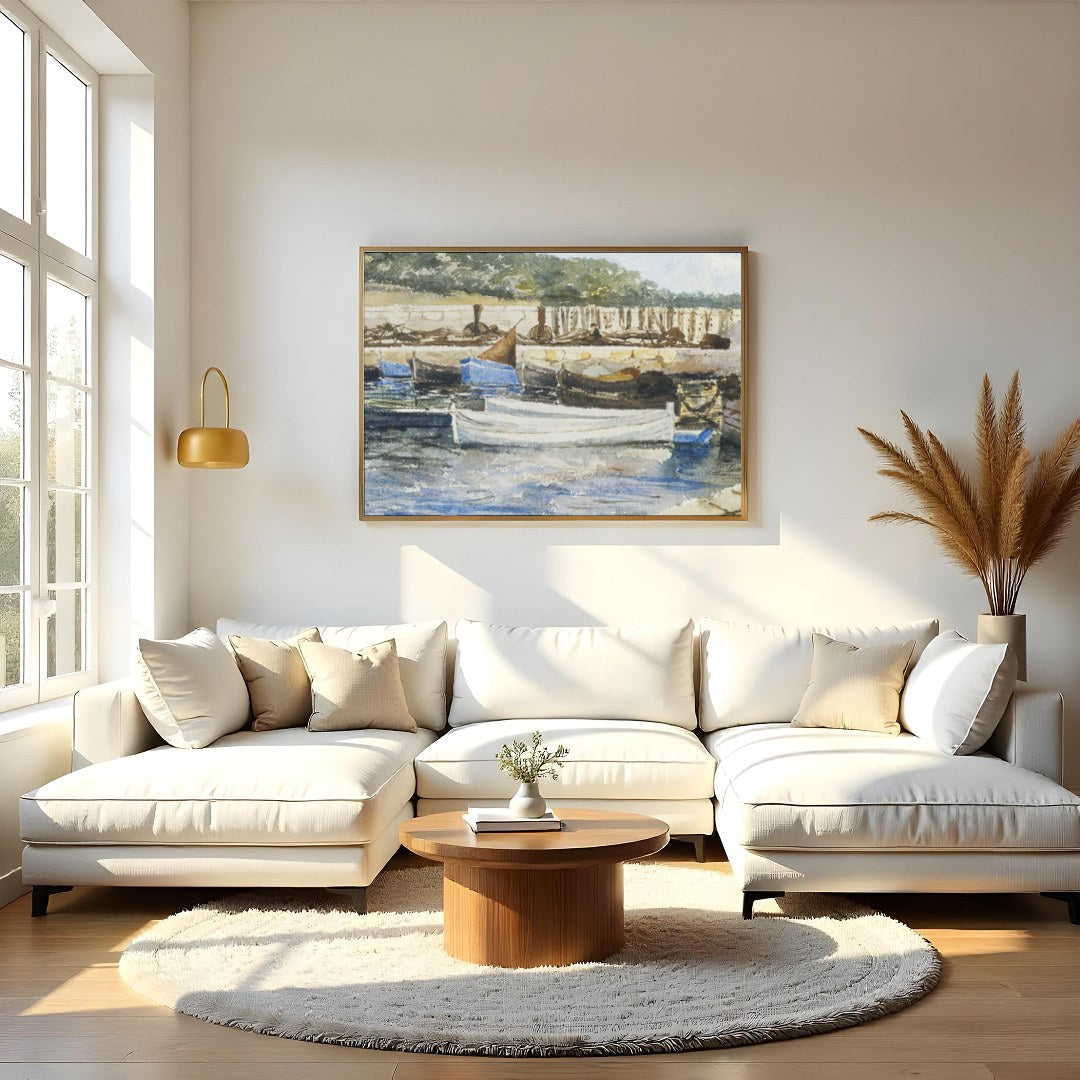 Capture the serene beauty of a quiet harbor with this exquisite watercolor artwork. The gentle for Living Room