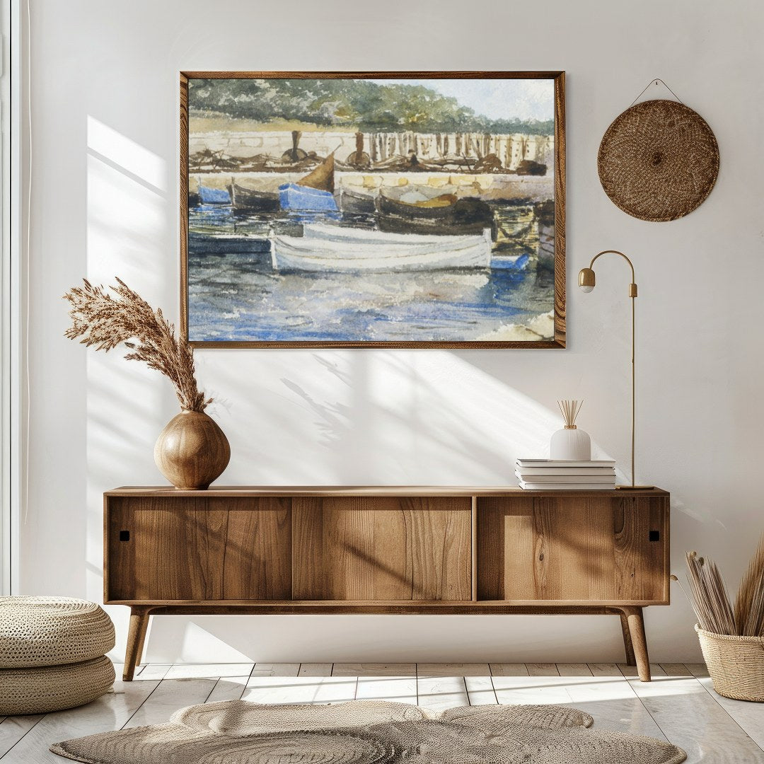 Capture the serene beauty of a quiet harbor with this exquisite watercolor artwork. The gentle for Sitting Area