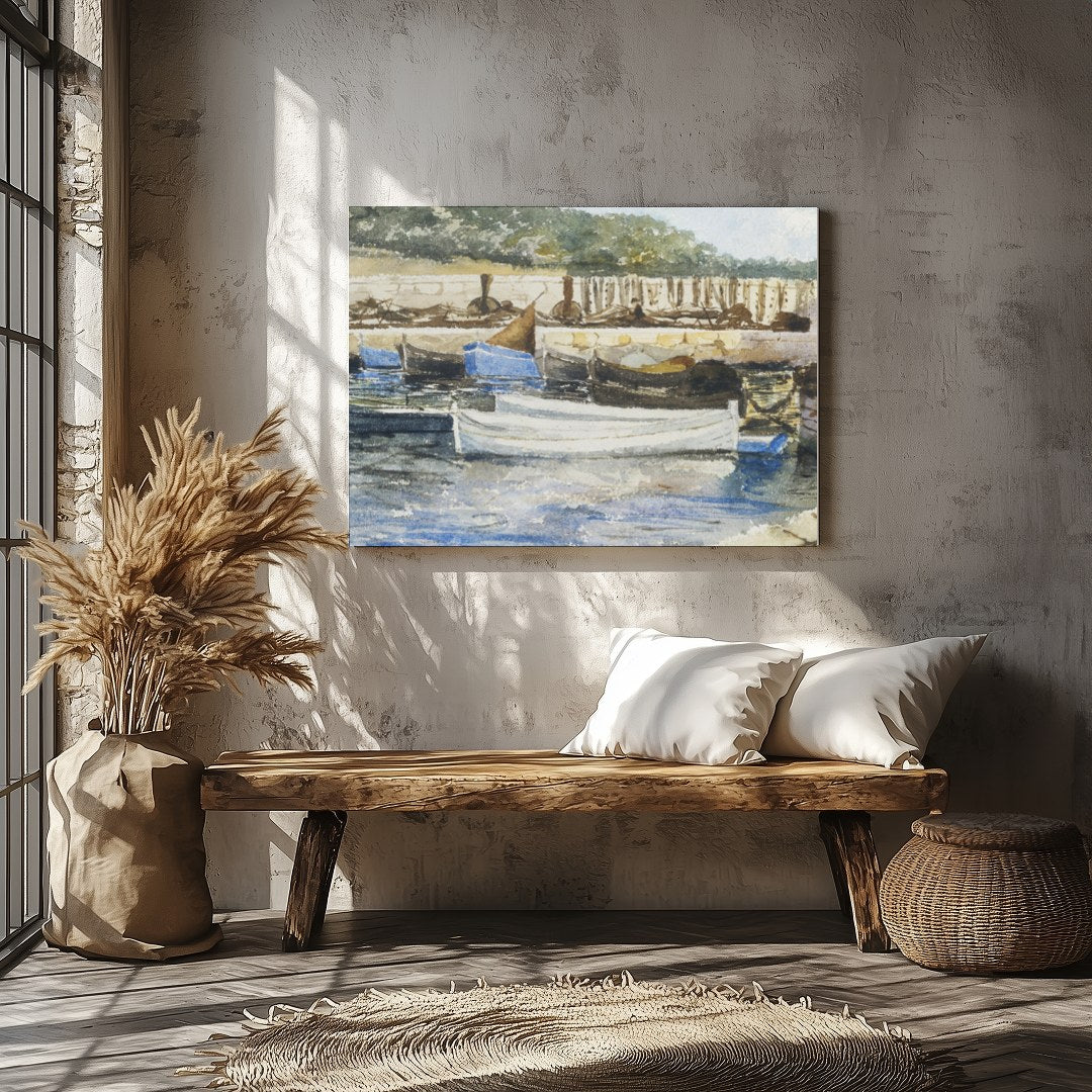 Capture the serene beauty of a quiet harbor with this exquisite watercolor artwork. The gentle for Veranda