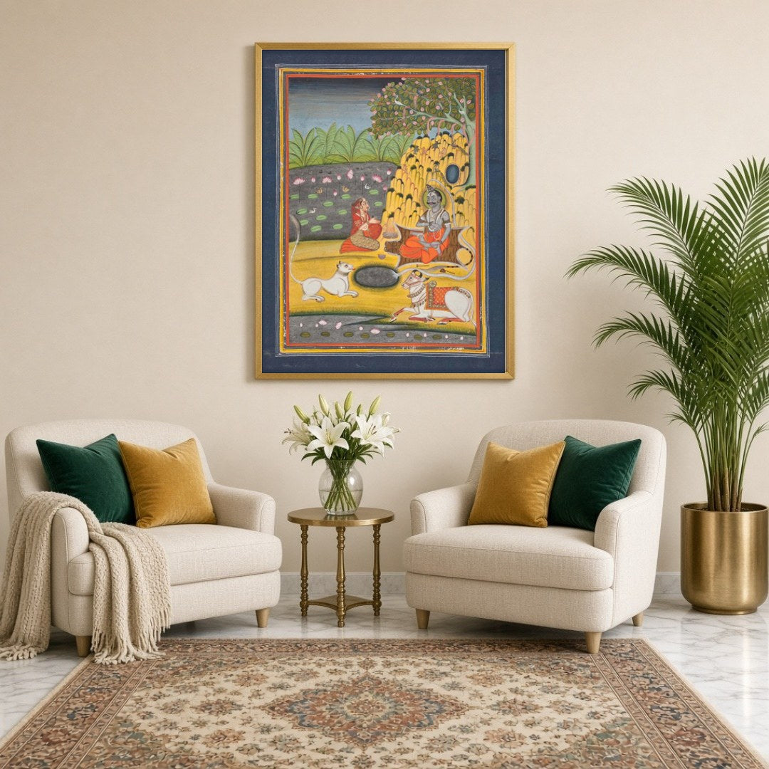 Experience the serene beauty of divine contemplation with this exquisite artwork depicting Shiva for Sitting Lounge