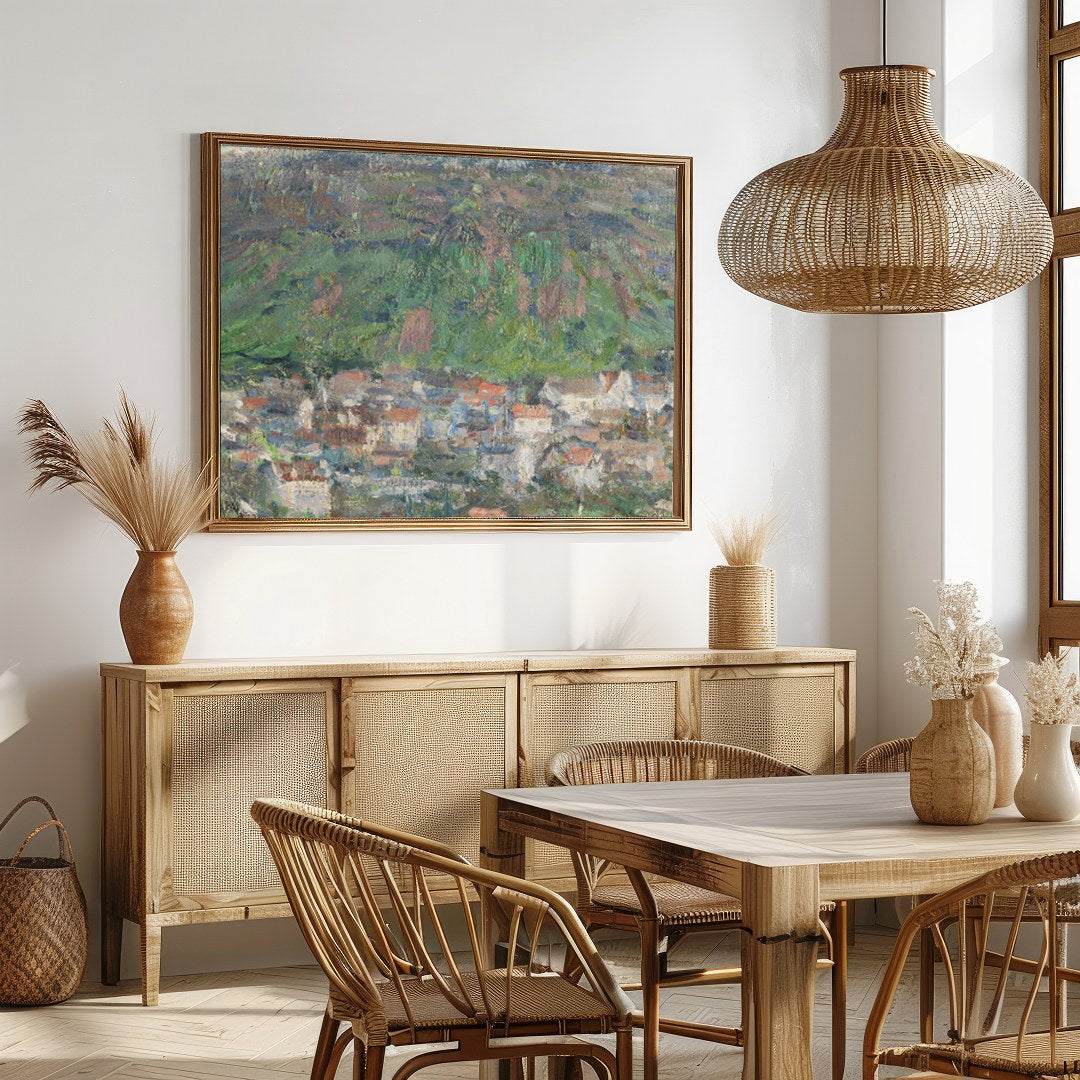 Immerse yourself in the serene beauty of this impressionistic landscape. Capturing the essence of a for Dining
