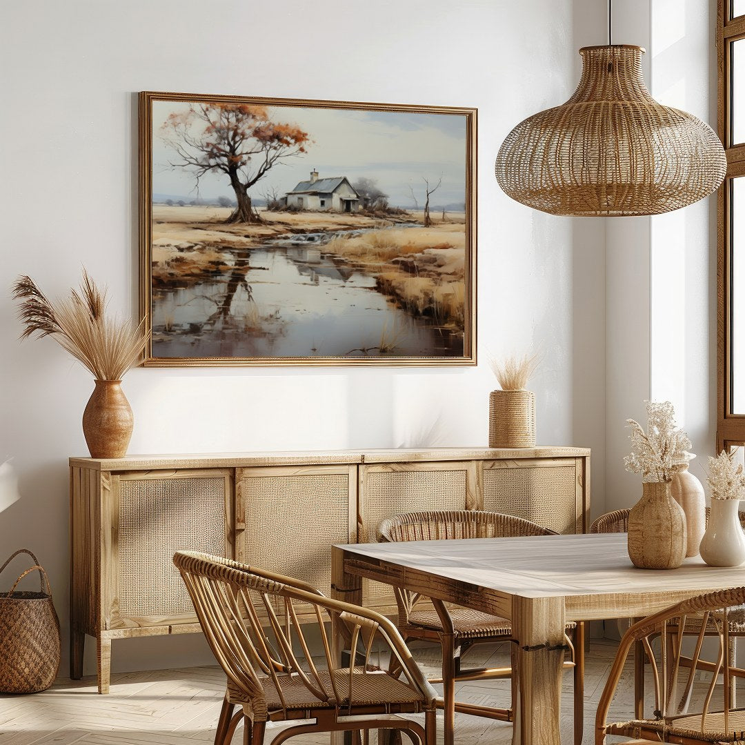 Immerse yourself in the serene elegance of rural landscapes with 'Tranquil Homestead by the for Dining