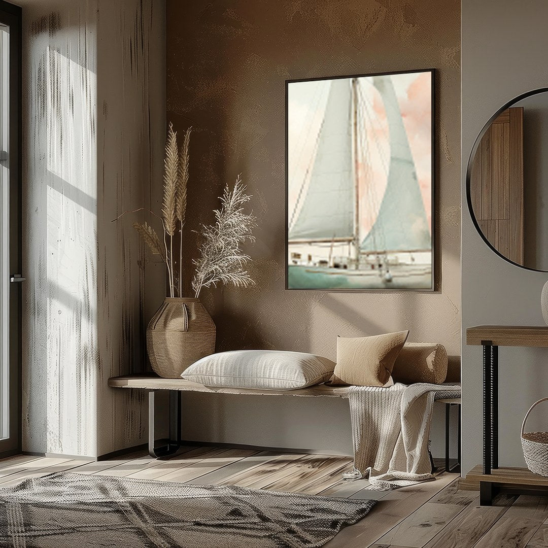 This captivating artwork evokes a sense of calm with its soft, pastel hues and elegant depiction of for lovely-house