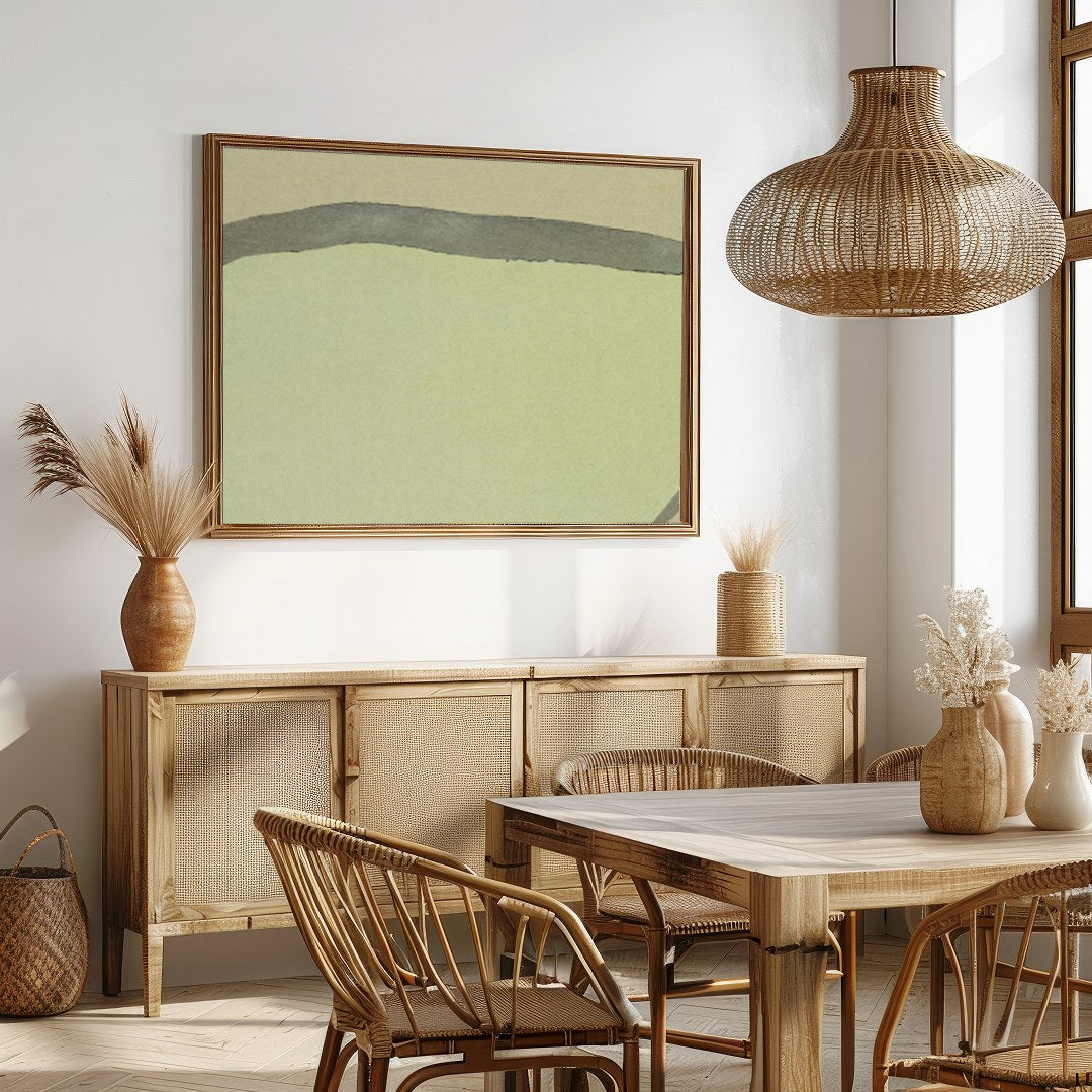 This serene piece captures a solitary figure in a minimalist landscape, blending traditional and for Dining