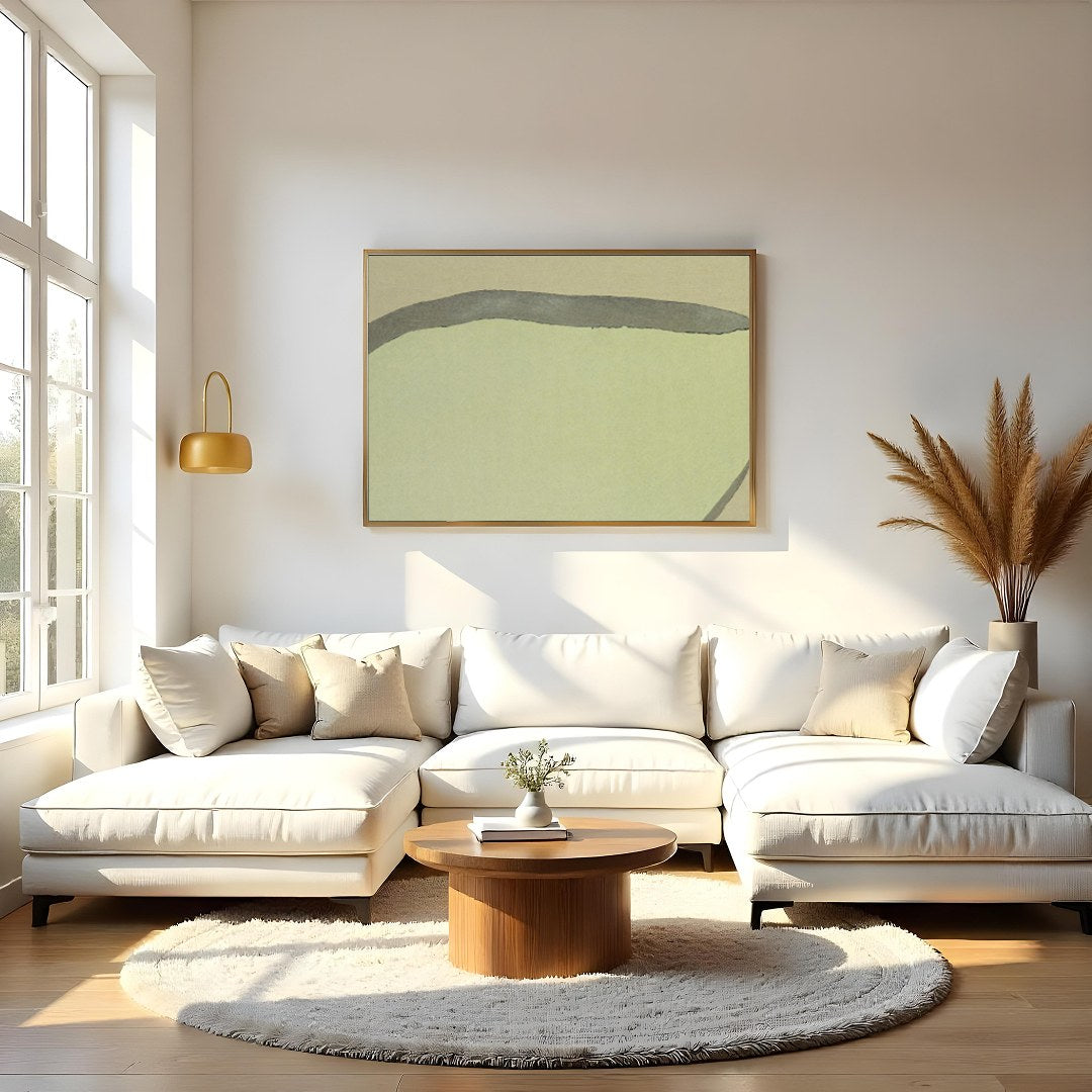This serene piece captures a solitary figure in a minimalist landscape, blending traditional and for Living Room