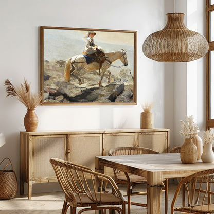 Capture a serene moment with this exquisite artwork featuring a contemplative rider on horseback for Dining