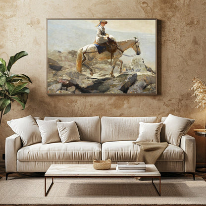 Capture a serene moment with this exquisite artwork featuring a contemplative rider on horseback for Family Room