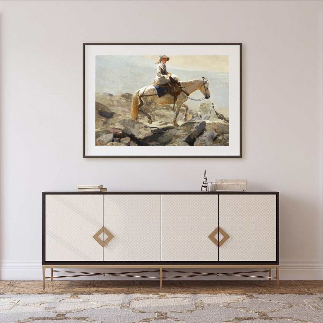 Capture a serene moment with this exquisite artwork featuring a contemplative rider on horseback for Foyer