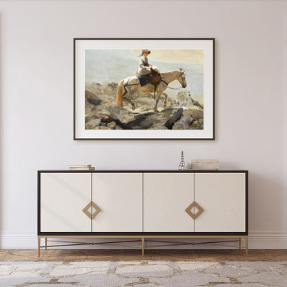 Capture a serene moment with this exquisite artwork featuring a contemplative rider on horseback for Foyer