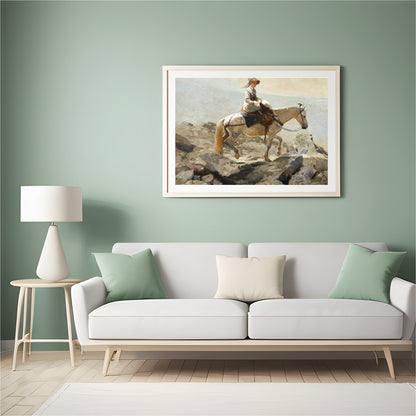 Capture a serene moment with this exquisite artwork featuring a contemplative rider on horseback for Hall