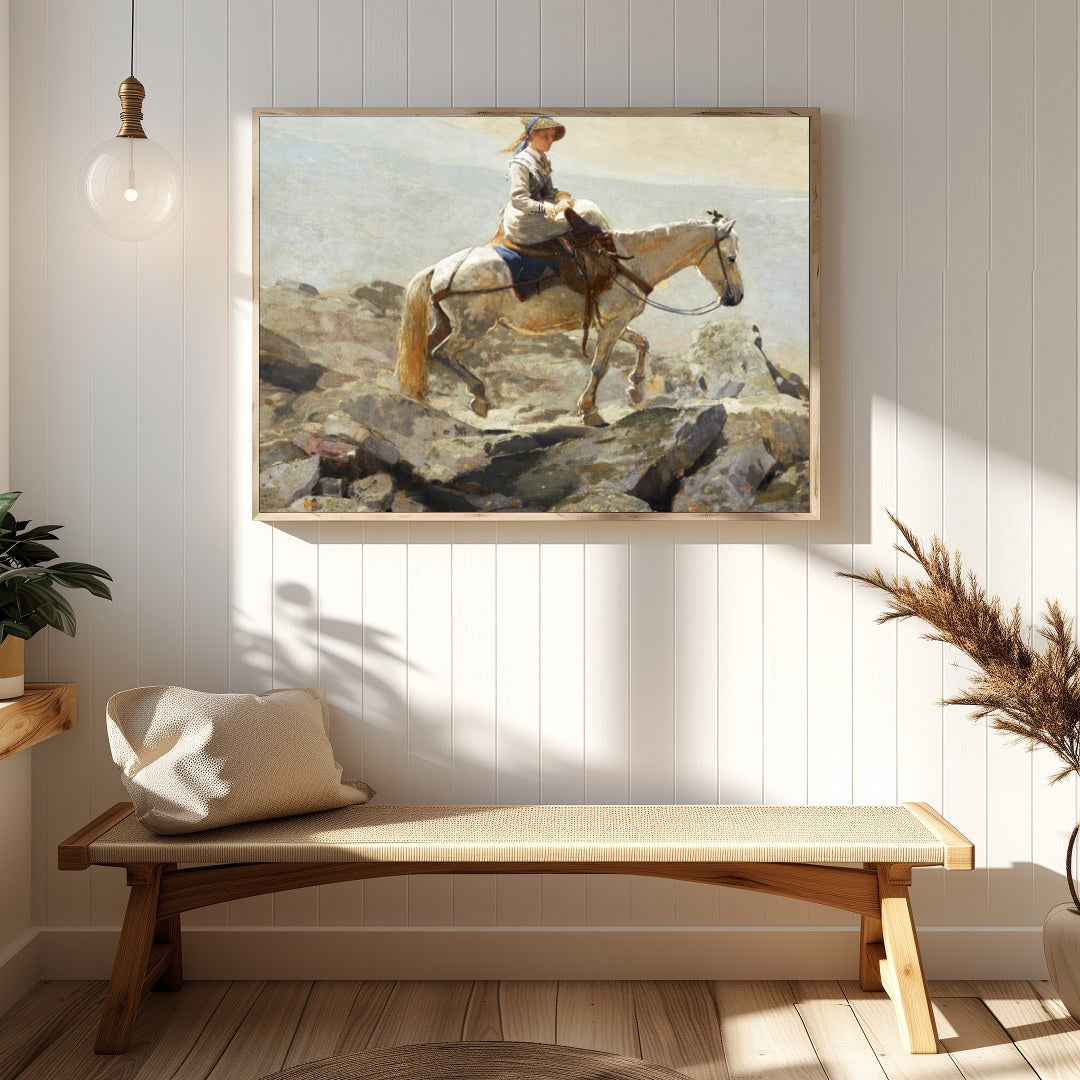 Capture a serene moment with this exquisite artwork featuring a contemplative rider on horseback for Hallway
