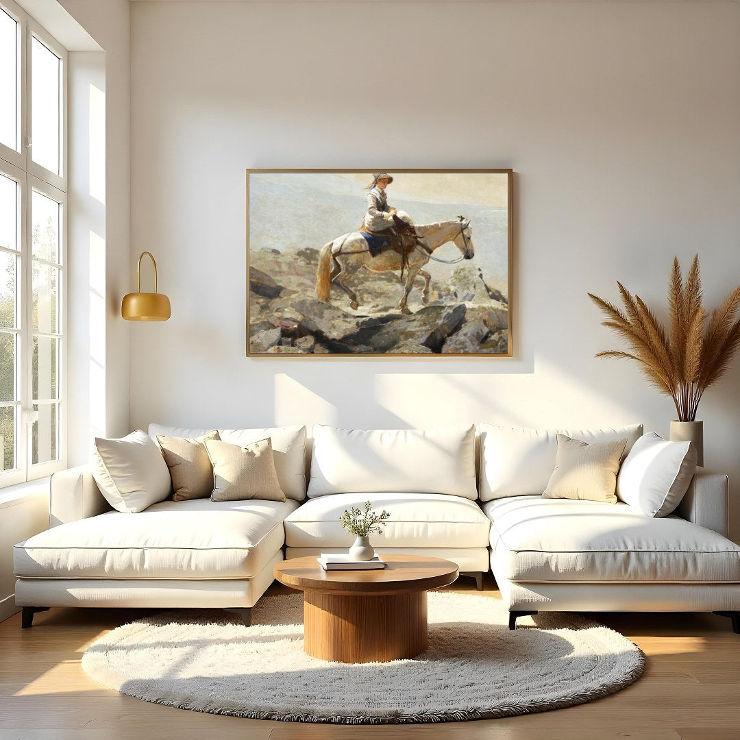 Capture a serene moment with this exquisite artwork featuring a contemplative rider on horseback for Living Room