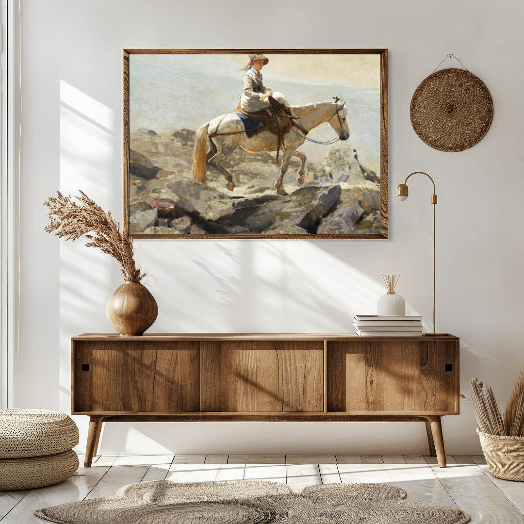 Capture a serene moment with this exquisite artwork featuring a contemplative rider on horseback for Sitting Area