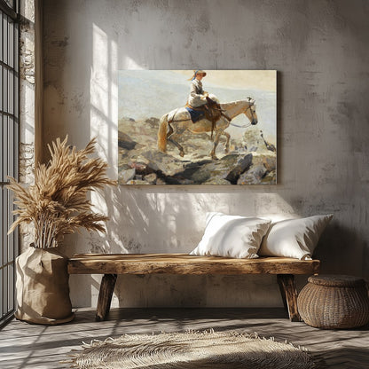 Capture a serene moment with this exquisite artwork featuring a contemplative rider on horseback for Veranda