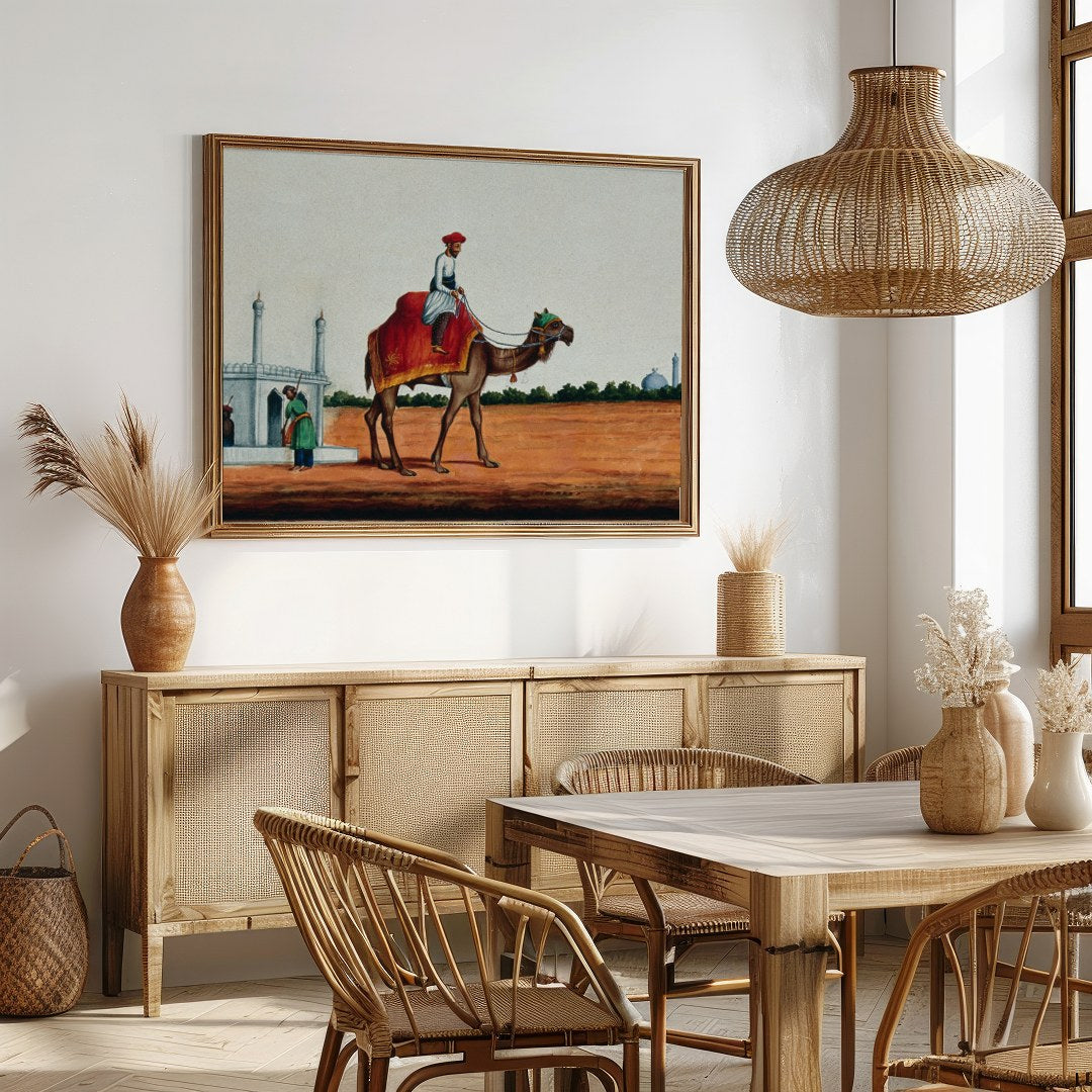 Immerse yourself in a scene of serene travel with this exquisite artwork depicting a rider on a for Dining