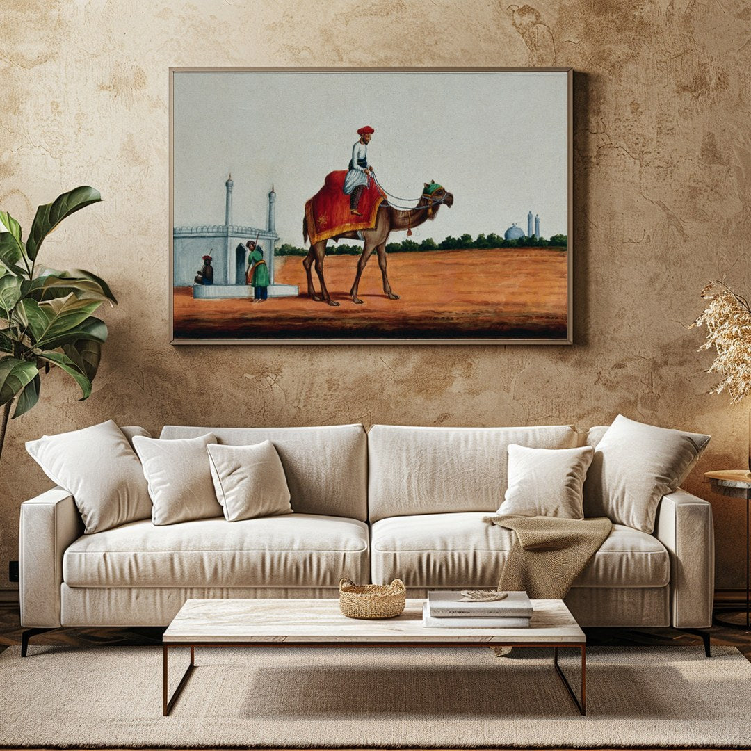Immerse yourself in a scene of serene travel with this exquisite artwork depicting a rider on a for Family Room