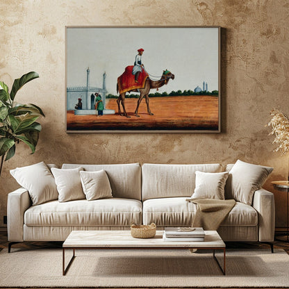 Immerse yourself in a scene of serene travel with this exquisite artwork depicting a rider on a for Family Room