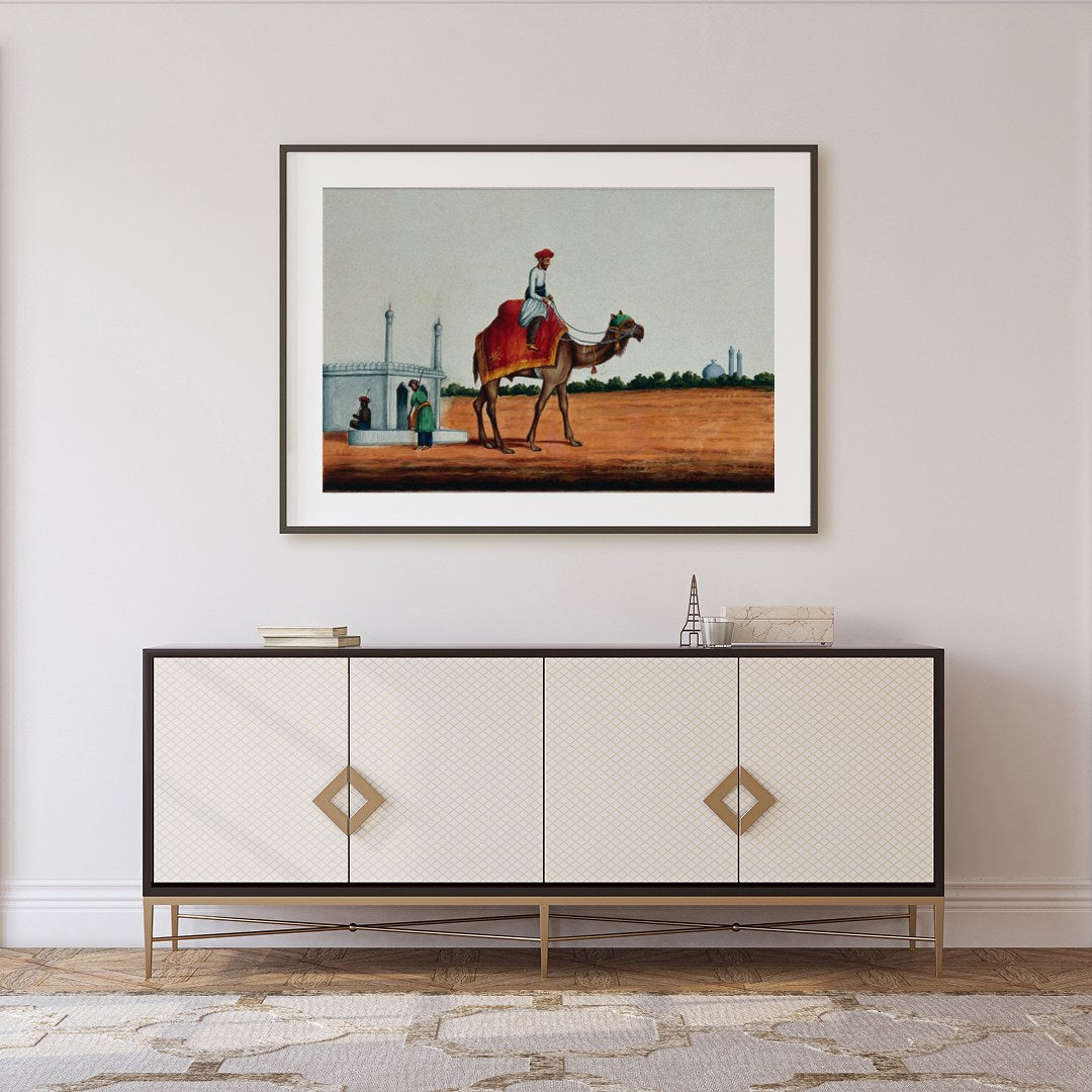 Immerse yourself in a scene of serene travel with this exquisite artwork depicting a rider on a for Foyer