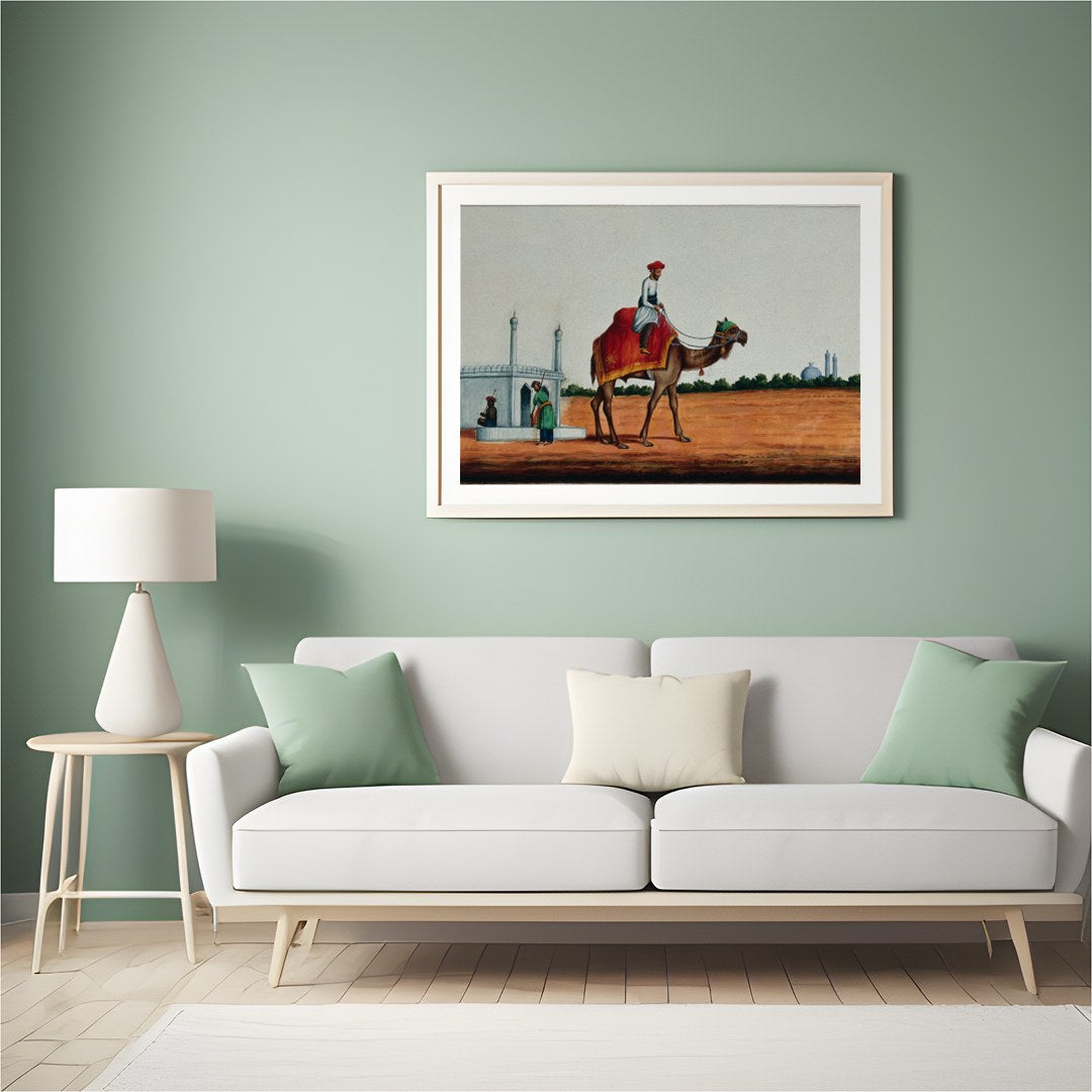 Immerse yourself in a scene of serene travel with this exquisite artwork depicting a rider on a for Hall