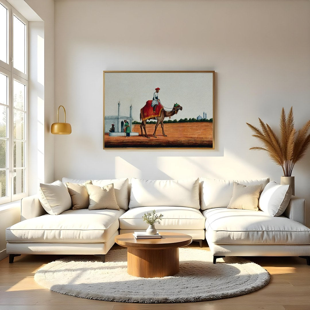 Immerse yourself in a scene of serene travel with this exquisite artwork depicting a rider on a for Living Room
