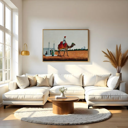 Immerse yourself in a scene of serene travel with this exquisite artwork depicting a rider on a for Living Room