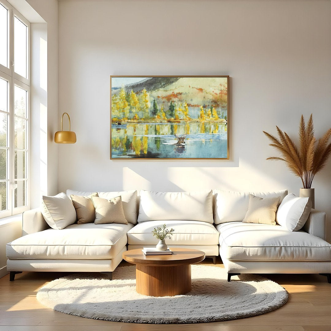 Immerse yourself in the serene beauty of nature with this stunning watercolor artwork. The piece for Living Room