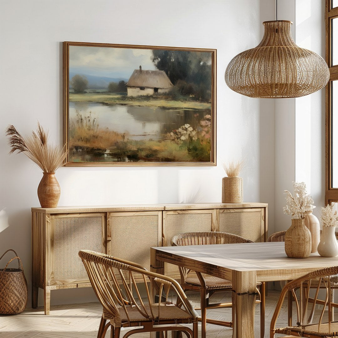 Capture the essence of serene countryside living with this tranquil lakeside scene. The artwork for Dining