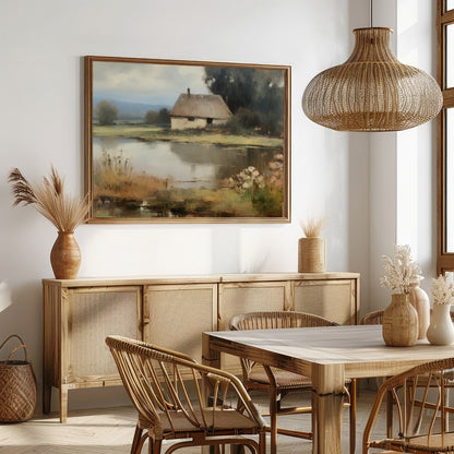 Capture the essence of serene countryside living with this tranquil lakeside scene. The artwork for Dining