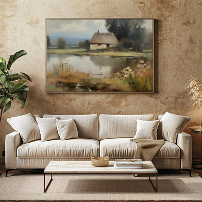Capture the essence of serene countryside living with this tranquil lakeside scene. The artwork for Family Room