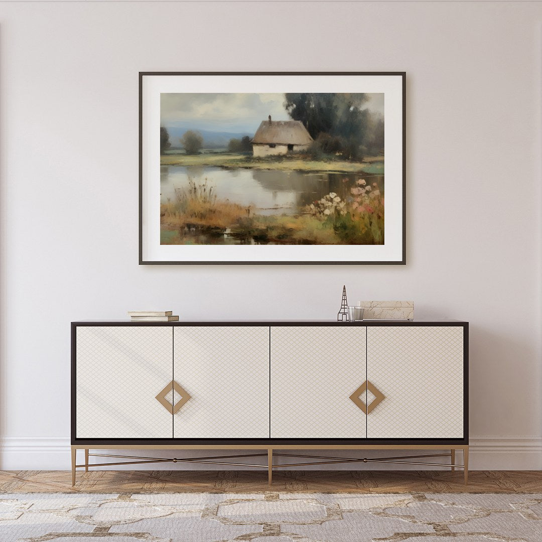Capture the essence of serene countryside living with this tranquil lakeside scene. The artwork for Foyer