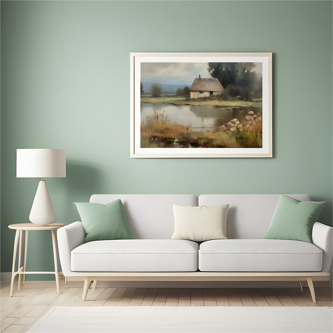 Capture the essence of serene countryside living with this tranquil lakeside scene. The artwork for Hall