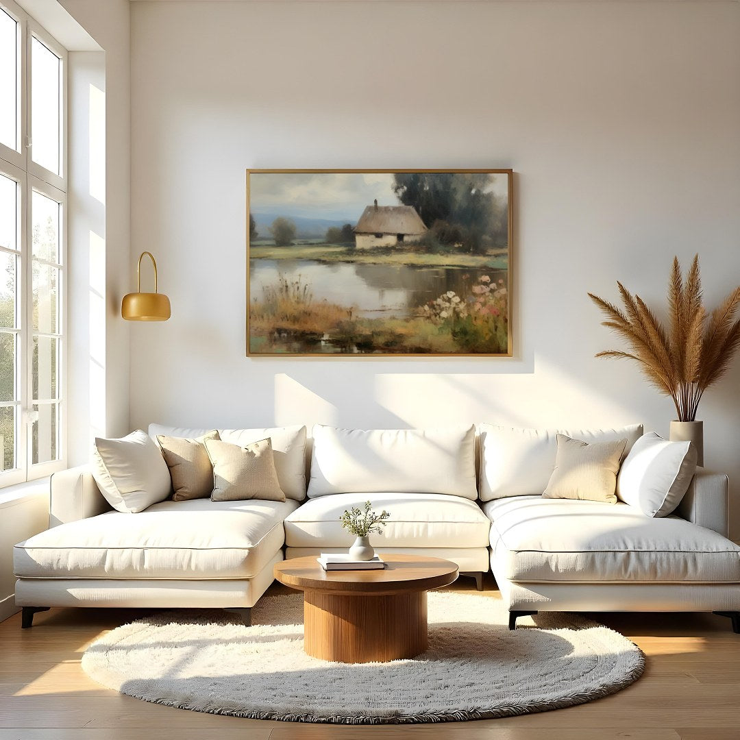 Capture the essence of serene countryside living with this tranquil lakeside scene. The artwork for Living Room