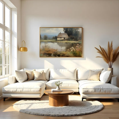 Capture the essence of serene countryside living with this tranquil lakeside scene. The artwork for Living Room