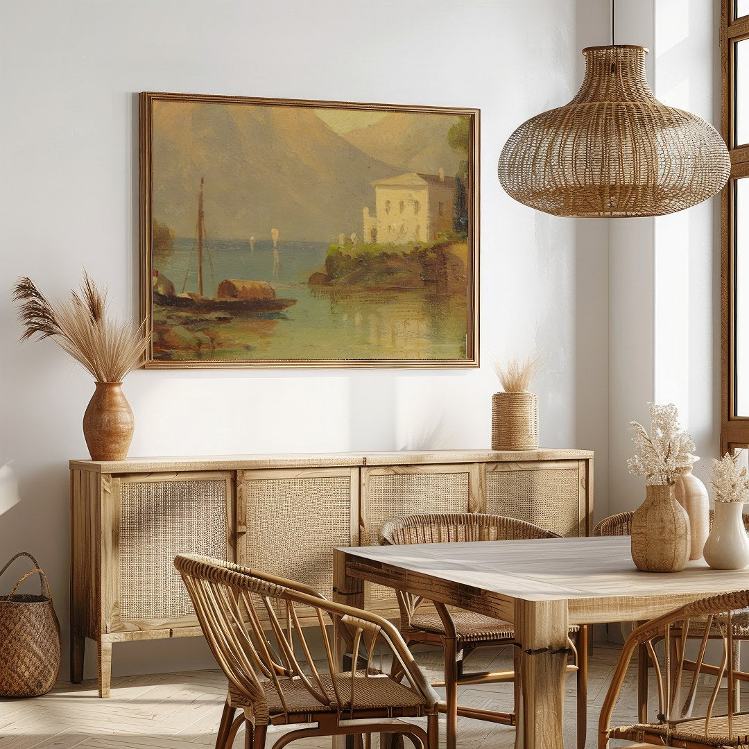 Immerse yourself in the serenity of this captivating landscape, showcasing a gentle lakeside scene for Dining