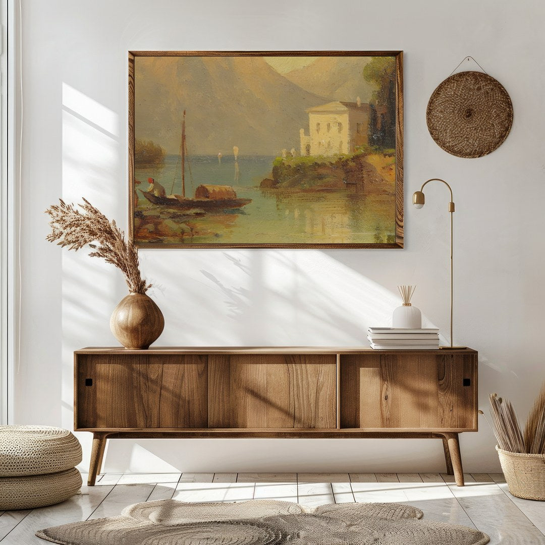 Immerse yourself in the serenity of this captivating landscape, showcasing a gentle lakeside scene for Sitting Area
