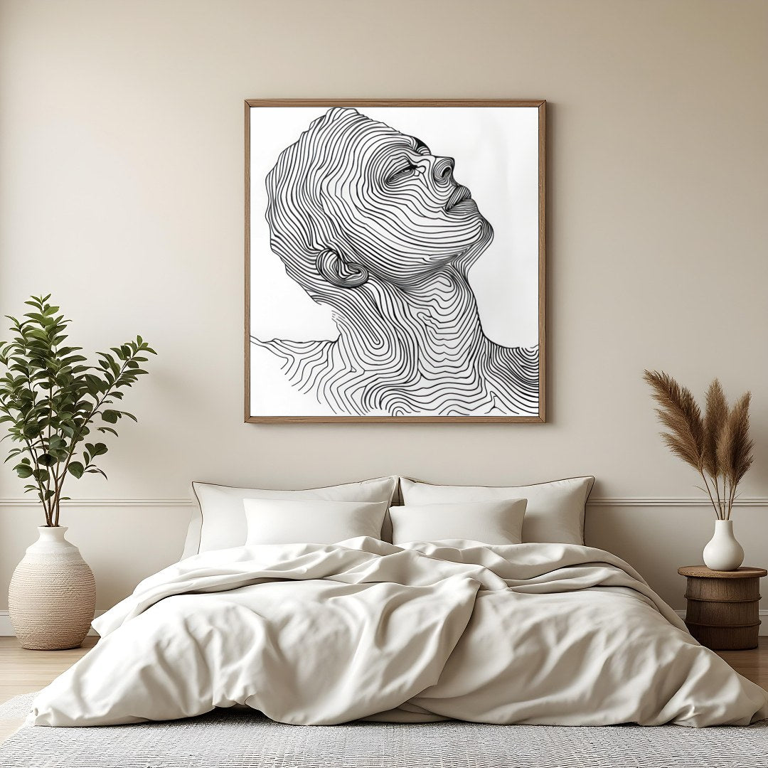 Discover elegance with this mesmerizing linework portrait, capturing the serene profile of a human for Bedroom