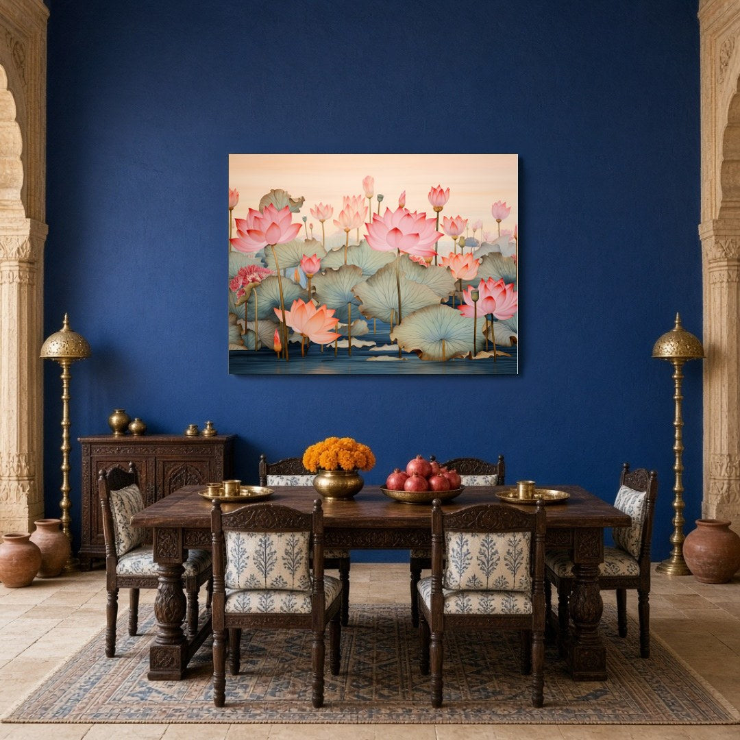 Immerse yourself in the serene beauty of this Pichwai artwork, depicting a tranquil lotus pond with for Dining