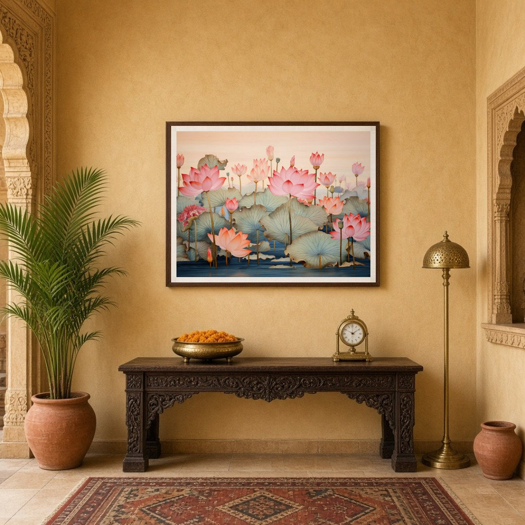 Immerse yourself in the serene beauty of this Pichwai artwork, depicting a tranquil lotus pond with for Entrance