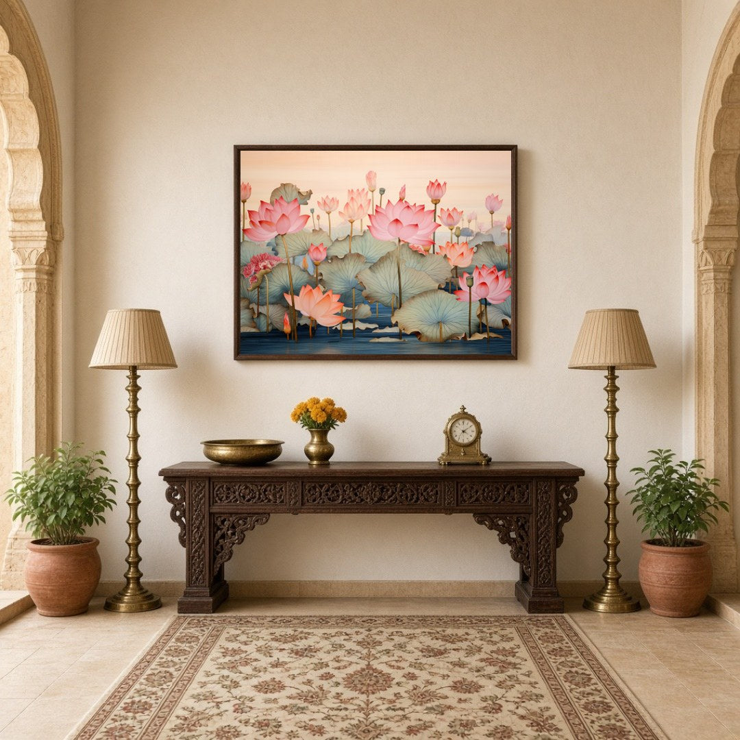 Immerse yourself in the serene beauty of this Pichwai artwork, depicting a tranquil lotus pond with for Hallway