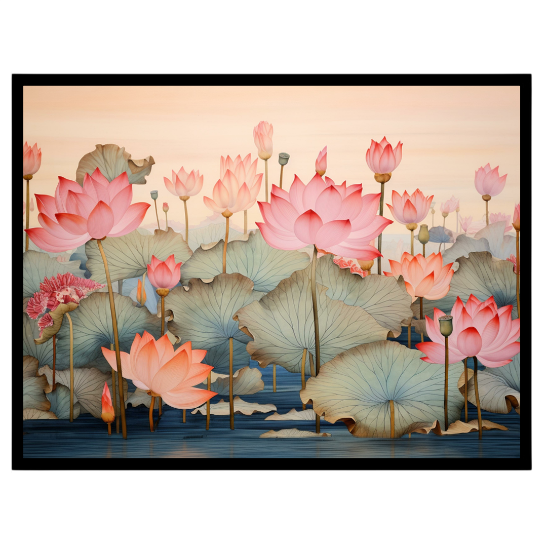 Immerse yourself in the serene beauty of this Pichwai artwork, depicting a tranquil lotus pond with for kitchen