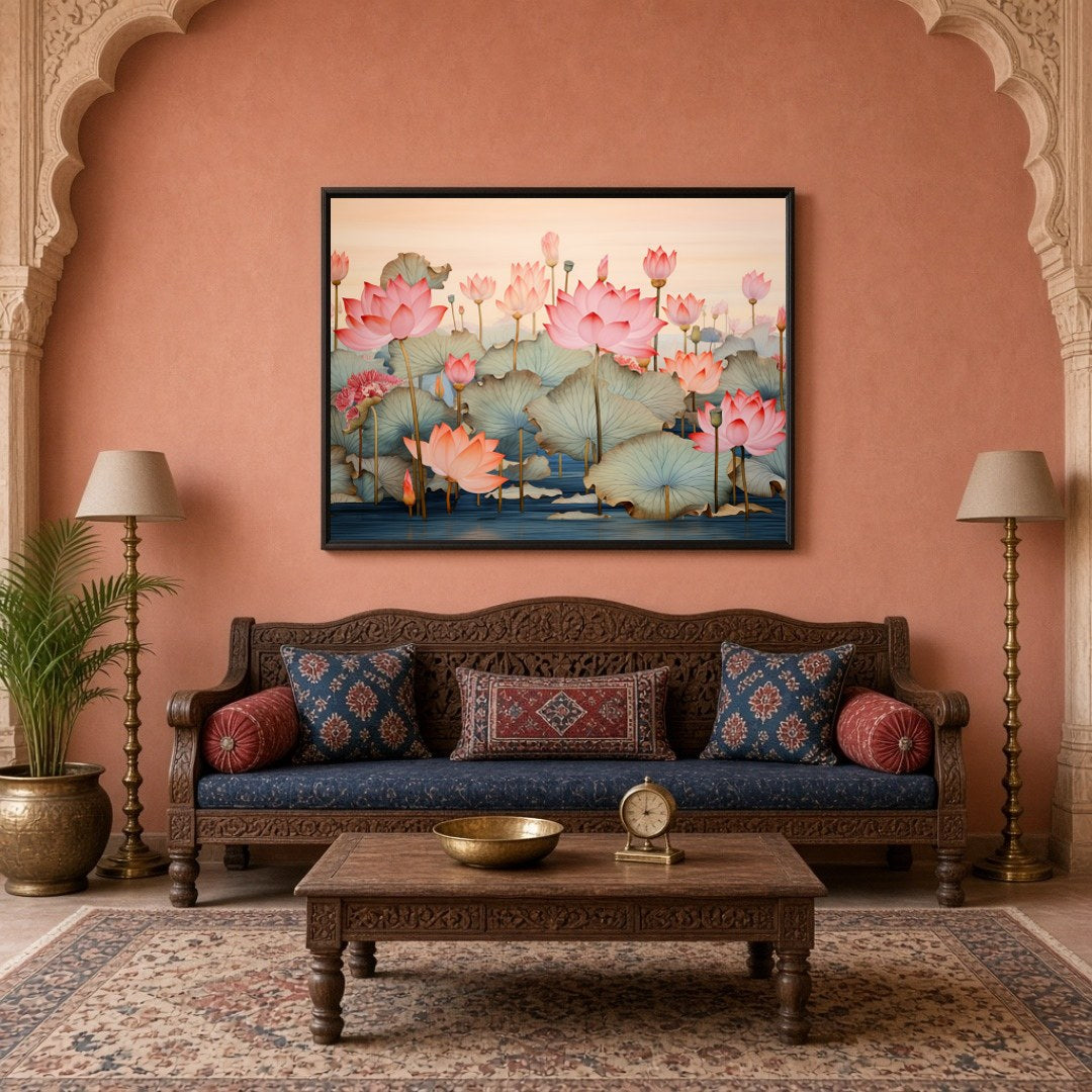 Immerse yourself in the serene beauty of this Pichwai artwork, depicting a tranquil lotus pond with for Living Room