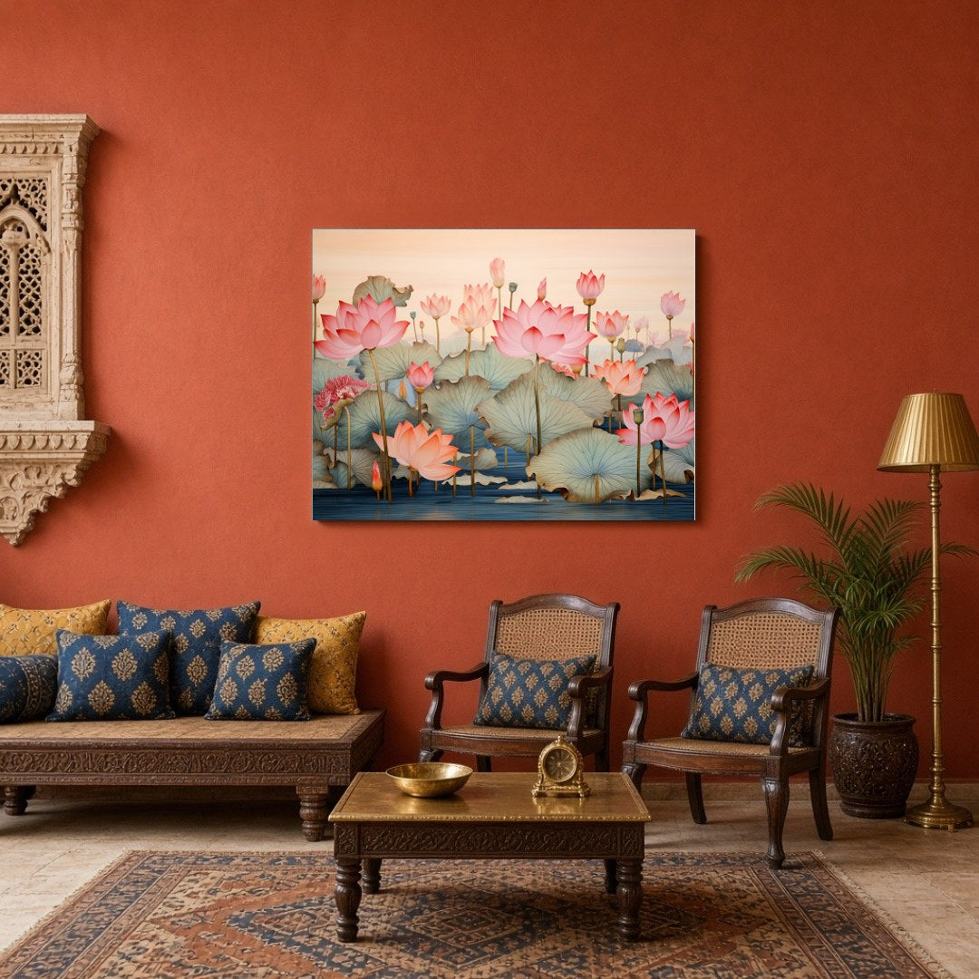Immerse yourself in the serene beauty of this Pichwai artwork, depicting a tranquil lotus pond with for Sitting Area