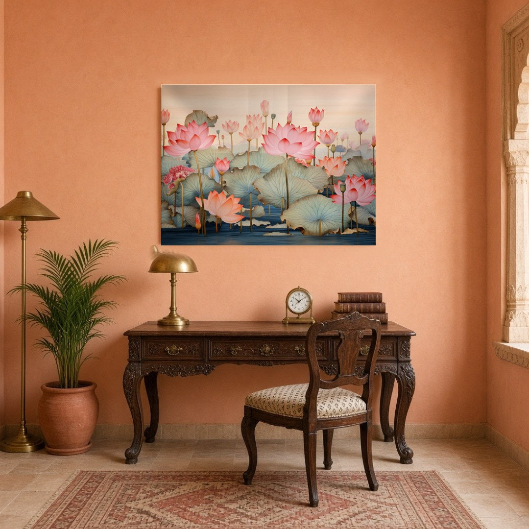Immerse yourself in the serene beauty of this Pichwai artwork, depicting a tranquil lotus pond with for Study